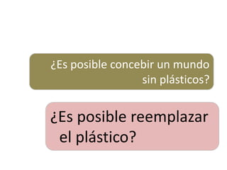 ¿Es posible concebir un mundo
sin plásticos?
¿Es posible reemplazar
el plástico?
 