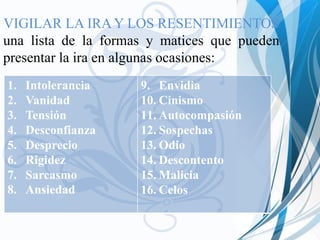 VIGILAR LA IRA Y LOS RESENTIMIENTOS
una lista de la formas y matices que pueden
presentar la ira en algunas ocasiones:
1.   Intolerancia    9. Envidia
2.   Vanidad         10. Cinismo
3.   Tensión         11. Autocompasión
4.   Desconfianza    12. Sospechas
5.   Desprecio       13. Odio
6.   Rigidez         14. Descontento
7.   Sarcasmo        15. Malicia
8.   Ansiedad        16. Celos
 