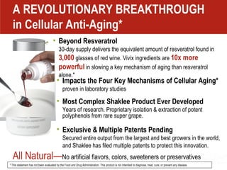 A REVOLUTIONARY BREAKTHROUGH  in Cellular Anti-Aging* Most Complex Shaklee Product Ever Developed   Years of research. Proprietary isolation & extraction of potent polyphenols from rare super grape.    All Natural— No artificial flavors, colors, sweeteners or preservatives   Impacts the Four Key Mechanisms of Cellular Aging*   proven in laboratory studies Beyond Resveratrol   30-day supply delivers the equivalent amount of resveratrol found in   3,000   glasses of red wine. Vivix ingredients are  10x more powerful  in slowing a key mechanism of aging than resveratrol alone.*  * This statement has not been evaluated by the Food and Drug Administration. This product is not intended to diagnose, treat, cure, or prevent any disease.  Exclusive & Multiple Patents Pending Secured entire output from the largest and best growers in the world, and Shaklee has filed multiple patents to protect this innovation.  
