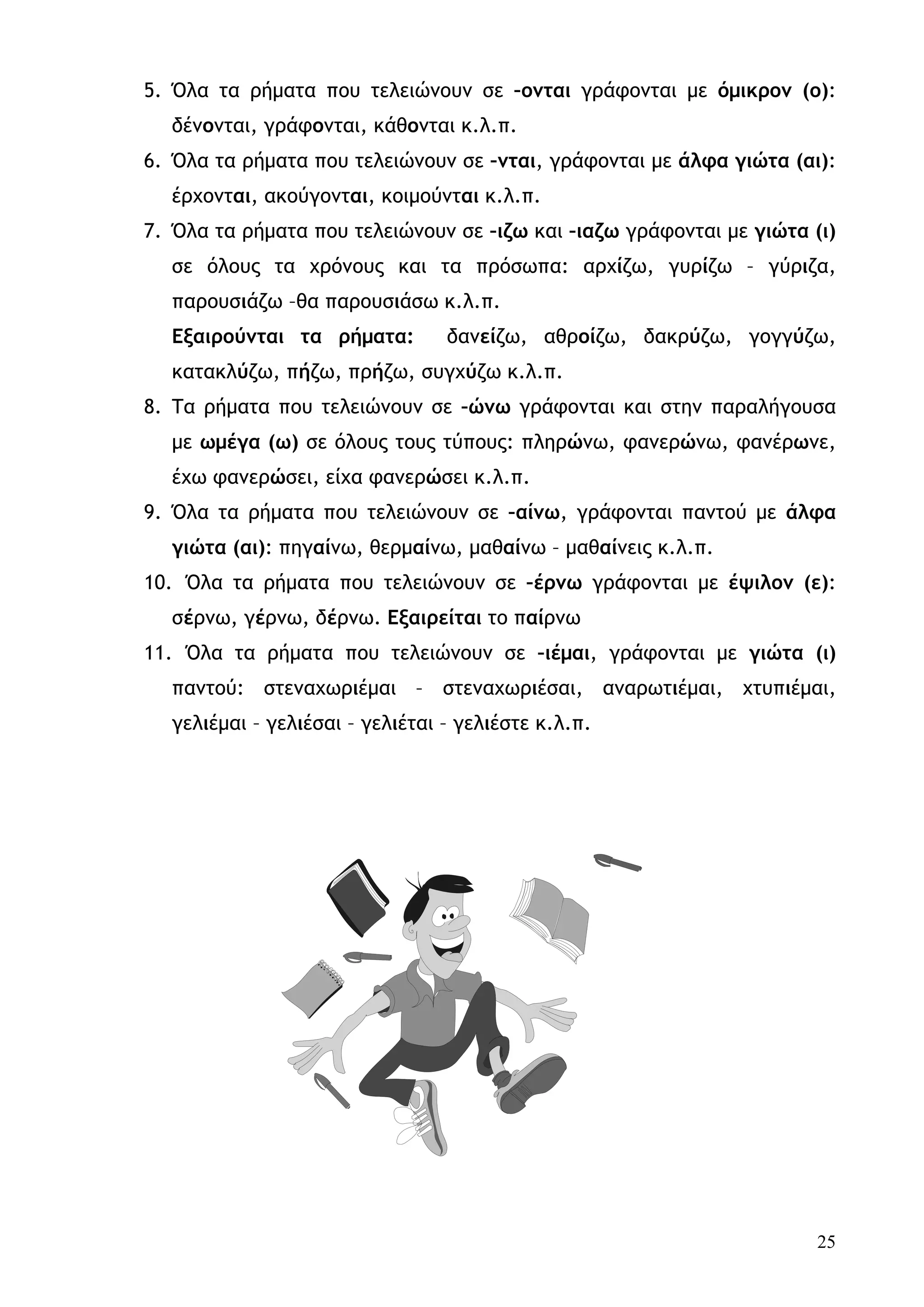 5. Όλα τα ρήματα που τελειώνουν σε –ονται γράφονται με όμικρον (ο):
  δένονται, γράφονται, κάθονται κ.λ.π.
6. Όλα τα ρήματα που τελειώνουν σε –νται, γράφονται με άλφα γιώτα (αι):
  έρχονται, ακούγονται, κοιμούνται κ.λ.π.
7. Όλα τα ρήματα που τελειώνουν σε –ιζω και –ιαζω γράφονται με γιώτα (ι)
  σε όλους τα χρόνους και τα πρόσωπα: αρχίζω, γυρίζω – γύριζα,
  παρουσιάζω –θα παρουσιάσω κ.λ.π.
  Εξαιρούνται τα ρήματα:         δανείζω, αθροίζω, δακρύζω, γογγύζω,
  κατακλύζω, πήζω, πρήζω, συγχύζω κ.λ.π.
8. Τα ρήματα που τελειώνουν σε –ώνω γράφονται και στην παραλήγουσα
  με ωμέγα (ω) σε όλους τους τύπους: πληρώνω, φανερώνω, φανέρωνε,
  έχω φανερώσει, είχα φανερώσει κ.λ.π.
9. Όλα τα ρήματα που τελειώνουν σε –αίνω, γράφονται παντού με άλφα
  γιώτα (αι): πηγαίνω, θερμαίνω, μαθαίνω – μαθαίνεις κ.λ.π.
10. Όλα τα ρήματα που τελειώνουν σε –έρνω γράφονται με έψιλον (ε):
  σέρνω, γέρνω, δέρνω. Εξαιρείται το παίρνω
11. Όλα τα ρήματα που τελειώνουν σε –ιέμαι, γράφονται με γιώτα (ι)
  παντού: στεναχωριέμαι – στεναχωριέσαι, αναρωτιέμαι, χτυπιέμαι,
  γελιέμαι – γελιέσαι – γελιέται – γελιέστε κ.λ.π.




                                                                      25
 