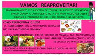 REAPROVEITAMENTO É O PROCESSO DE UTILIZAR UM PRODUTO DESCARTADO,
DANDO ORIGEM A OUTRO OBJETO OU A UM NOVO PRODUTO, E ASSIM
DIMINUIR A PRODUÇÃO DE LIXO E SEU ACÚMULO NA NATUREZA.
VAMOS REAPROVEITAR!
COMO REAPROVEITAR O LIXO?
OS “LIXOS SECOS” ; NÓS JÁ APRENDEMOS SEPARÁ-LOS
NAS LIXEIRAS COLORIDAS. LEMBRAM?
TEM OS “LIXOS ORGÂNICOS” - (RESTOS VEGETAIS OU ANIMAIS), QUE REAPROVEITAMOS
PARA FAZER HÚMUS (A TRANSFORMAÇÃO DOS RESTOS
DE VEGETAIS OU ANIMAIS EM ADUBO)...
...E PODEMOS FAZER ALGUMAS RECEITAS COM AS CASCAS DE FRUTAS.
ADAPTAÇÃO DO TEXTO DE EQUIPE ECYCLE.
FONTE: ECYCLE. O QUE É LIXO ORGÂNICO E COMO FAZER SUA RECICLAGEM EM CASA. ACESSO EM
 
