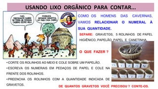 USANDO LIXO ORGÂNICO PARA CONTAR...
COMO OS HOMENS DAS CAVERNAS,
VAMOS RELACIONAR O NUMERAL À
SUA QUANTIDADE.
SEPARE: GRAVETOS, 5 ROLINHOS DE PAPEL
HIGIÊNICO, PAPELÃO, PAPEL E CANETINHA.
• CORTE OS ROLINHOS AO MEIO E COLE SOBRE UM PAPELÃO.
• ESCREVA OS NUMERAIS EM PEDAÇOS DE PAPEL E COLE NA
FRENTE DOS ROLINHOS.
• PREENCHA OS ROLINHOS COM A QUANTIDADE INDICADA DE
GRAVETOS.
O QUE FAZER ?
DE QUANTOS GRAVETOS VOCÊ PRECISOU ? CONTE-OS.
 