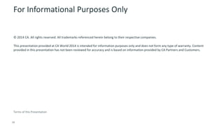 For Informational Purposes Only 
© 2014 CA. All rights reserved. All trademarks referenced herein belong to their respective companies. 
This presentation provided at CA World 2014 is intended for information purposes only and does not form any type of warranty. Content 
provided in this presentation has not been reviewed for accuracy and is based on information provided by CA Partners and Customers. 
Terms of this Presentation 
18 © 2014 CA. ALL RIGHTS RESERVED. 
