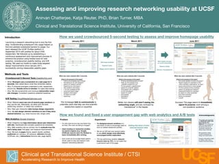 Assessing and improving research networking usability at UCSF
                                        
                                        Anirvan Chatterjee, Katja Reuter, PhD, Brian Turner, MBA
                                        
                                        Clinical and Translational Science Institute, University of California, San Francisco

Introduction
                                                        How we used crowdsourced 5-second testing to assess and improve homepage usability
                                                                                                                                                      
                                                                                          January 2011
                                                                    March 2011
                                                                   June 2011
Launching a research networking tool is only the ﬁrst
                                                                                               
                                                                               
                                                                             
step. Understanding subsequent site usage helped us
ﬁnd and address substantial barriers to usage. Our
team released the UCSF Proﬁles platform in
September 2010 with proﬁles for about 2400
researchers. We followed up by establishing a
continuous assessment and improvement process to
enhance the product using hosted tools for web
analytics, crowdsourced usability testing, and A/B                                                                                                                                                     New header focuses"
                                                                                                                               Add large headings
testing. We used our toolkit to make three targeted                                                                                     
                                                                                                                                                                                                       on social networking
                                                                                                                                                                                                                 
design improvements since January 2011,                                                                                          Segment tasks
                                                                                                                                                                                                          Reduce clutter
                                                                                                                                        
successfully solving measurable usability gaps.
                                                                              Bigger search buttons
                                                                                                                                                                                                                 
                                                                                                                                                                                                      Remove “translational”


Methods and Tools
                                                                     What new users retained after 5 seconds:
                                         What new users retained after 5 seconds:
                                What new users retained after 5 seconds:
                                                                     
                                                                                 
                                                                        
Crowdsourced 5-Second Tests (UsabilityHub.com)
                        What is the purpose of this page?
                                                What is the purpose of this page?
                                       What is the purpose of this page?
                                                                       •  “Online encyclopedia type of thing”
                                           •  “Finding scientists/people at UCSF”
                                  •  “the social website of some university?”
•  What: Strangers see a screenshot of a web page for 5                •  “Something to do with research”
                                               •  “help you ﬁnd people to do"                                           •  “Search engine for scientists to ﬁnd"
   seconds, then asked about what they remember seeing.
               •  “search for research articles”
                                                    scientiﬁc projects for you”
                                              other scientists, publications, by topic”
•  Why: If untrained strangers understand a site, researchers          •  “Searching for information”
                                                   •  “To ﬁnd people in departments”
                                       •  “social networking for smart people”
                                                                       •  “ﬁnd research information”
                                                    •  “search for scientiﬁc papers”
                                        •  “To ﬁnd a person at the university”
   should too. Results arrive in minutes, for rapid idea testing.
     •  “118 have updated proﬁle”
                                                     •  “ﬁnd people with a category”
                                         •  “search for people and research”
•  How: We test screenshots and mockups before/after major             •  “advanced search page”
                                                        •  “to ﬁnd translators”
                                                 •  “facebook/linkedin for scientists”
   site changes. Consistent questions establish baselines.
            •  “research information”
                                                        •  “search for stuff”
                                                   •  “to search for other scientists”
                                                                       •  “To search for stuff”
                                                         •  “ﬁnd people”
                                                         •  “ﬁnd other scientists”
    
                                                                  •  “searching”
                                                                   •  “translation”
                                                        •  “listing of scientists”
                                                                                                                                                         •  “Directory”
                                                          •  “school”
A/B Testing (VisualWebsiteOptimizer.com)

                                                                    
                                                                                                        "                                                                      "
•  What: Website users see one of several page variations as          The homepage fails to communicate to                                              Better, but viewers still aren’t seeing the                              Success! The page seems to immediately
   they use the site. Afterwards, we either pick the best-           unfamiliar users that they can ﬁnd scientiﬁc                                       networking angle, and are confused by                                       signal its purpose, even among a"
   performing variation, or retest new variations. 
                      researchers based on expertise.
                                                     “translational” in the header.
                                           non-academic audience.
•  Why: Real user interaction data trumps design arguments.
•  How: We test design element variations to see if they drive
   desired behavior, e.g. lower bounce rate, longer visits.

                                                                    How we found and ﬁxed a user engagement gap with web analytics and A/B tests                                                                                                                           Acknowledgments

Web Analytics (Google Analytics)
                                        Problem
                                       Experiment
                                                                                                                                     This project was supported

                                                                         
                                              
                                                                                                                                               by NIH/NCRR UCSF-CTSI
•  What: Analytics tool logs information about user interaction          •  Our site-wide bounce rate was higher than   •  We designed several variations of a
                                                                                                                                                                                                                                                                        Grant Number UL1
                                                                                                                                                                                                                                                                        RR024131. Its contents are
   with site. Dashboard lets complex questions be answered.
                we liked. Who were we failing to engage?
      new block of links to encourage users to    Adding this block of links
                                                                      solely the responsibility of
•  Why: Web analytics are our primary tool to evaluate how the                                                             click on related researcher proﬁles.
        reduced bounce rates   
                                                                        the authors and do not
                                                                                                                                                                                                                                                                        necessarily represent the
   site’s being used, ﬁnd gaps, and measure improvements.
               •  Users landing on researcher proﬁles                                                                by 15%  
                                                                                ofﬁcial views of the NIH.
                                                                            via search engines (e.g. Google,            •  We ran an A/B test over several weeks                                                                                                        "
•  How: We look at pages (home, search results, proﬁles),                   UCSF.edu search) were the likeliest to                                                                                                                                                      We would like to thank
                                                                                                                           to see which design most effectively
   audiences (on-campus, off-campus), referrers (Google,                    leave immediately after arriving.
                                                                                                                                                                                                                                                                        Cynthia Piontkowski for
                                                                                                                           encouraged further exploration.
                                                                                                             design and implemention.
   UCSF.edu, etc.), interactions (bounce rate, page depth).
                                                                                                                                                                                                            
                                                                         •  How could we encourage these search-        •  The top performing variation reduced                                                                                                         Evolution silhouettes images
                                                                                                                                                                                                                                                                        by TeeKay, used under a
                                                                            driven users to stay and explore more          bounce rates by 15%, so we made that                                                                                                         Creative Commons license.
                                                                            research networking features?
                 a permanent part of the page.




                     Clinical and Translational Science Institute / CTSI
                     Accelerating Research to Improve Health                                                                                                                                                                               UC F
                                                                                                                                                                                                                                             S
 
