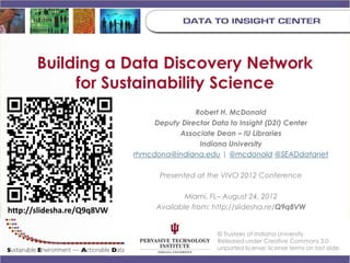 Building a Data Discovery Network
            for Sustainability Science
                                            Robert H. McDonald
                                 Deputy Director Data to Insight (D2I) Center
                                       Associate Dean – IU Libraries
                                             Indiana University
                            rhmcdona@indiana.edu | @mcdonald @SEADdatanet

                                  Presented at the VIVO 2012 Conference

                                         Miami, FL– August 24, 2012
http://slidesha.re/Q9q8VW        Available from: http://slidesha.re/Q9q8VW


                                                 © Trustees of Indiana University
                                                 Released under Creative Commons 3.0
                                                 unported license; license terms on last slide.
 