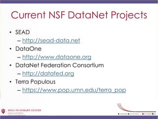Current NSF DataNet Projects
• SEAD
   – http://sead-data.net
• DataOne
   – http://www.dataone.org
• DataNet Federation C...