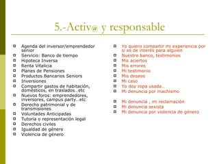 5.-Activ @  y responsable Agenda del inversor/emprendedor senior Servicio: Banco de tiempo Hipoteca Inversa Renta Vitalicia Planes de Pensiones Productos Bancarios Seniors Inversiones Compartir gastos de habitación,  domésticos, en traslados…etc Nuevos foros: emprendedores, inversores, campus party…etc Derecho patrimonial y de transmisiones Voluntades Anticipadas Tutoría o representación legal Derechos civiles Igualdad de género Violencia de género Yo quiero compartir mi experiencia por si es de interés para alguien Nuestro banco, testimonios Mis aciertos Mis errores Mi testimonio Mis deseos Mi caso Yo doy ropa usada… Mi denuncia por machismo Mi denuncia , mi reclamación Mi denuncia sexista Mi denuncia por violencia de género 