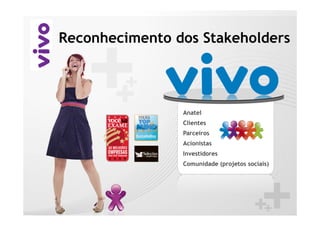 Reconhecimento dos Stakeholders



                Anatel
                Clientes
                Parceiros
                Acionistas
                Investidores
                Comunidade (projetos sociais)
 