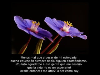 Menos mal que a pesar de mi esforzada  buena educación siempre había alguien difamándome.  ¡Cuánto agradezco a esa gente que me enseñó  que la vida no es un escenario!  Desde entonces me atreví a ser como soy. 