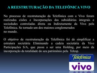 A REESTRUTURAÇÃO DA TELEFÔNICA VIVO
No processo de reestruturação da Telefônica com a Vivo foram
realizadas cisões e Incorporações das subsidiárias integrais e
sociedades controladas direta ou Indiretamente da Vivo pela
Telefônica. Se tornado um dos maiores conglomerados
no mundo.
O objetivo de reestruturação da Telefônica foi de simplificar a
estrutura societária Eliminando a cadeia societária da Vivo
Participações S/A, que passa a ser uma Holding, por meio da
incorporação da totalidade do seu patrimônio pela Telesp.
 