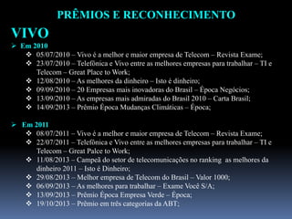 PRÊMIOS E RECONHECIMENTO
VIVO
 Em 2010
 05/07/2010 – Vivo é a melhor e maior empresa de Telecom – Revista Exame;
 23/07/2010 – Telefônica e Vivo entre as melhores empresas para trabalhar – TI e
Telecom – Great Place to Work;
 12/08/2010 – As melhores da dinheiro – Isto é dinheiro;
 09/09/2010 – 20 Empresas mais inovadoras do Brasil – Época Negócios;
 13/09/2010 – As empresas mais admiradas do Brasil 2010 – Carta Brasil;
 14/09/2013 – Prêmio Época Mudanças Climáticas – Época;
 Em 2011
 08/07/2011 – Vivo é a melhor e maior empresa de Telecom – Revista Exame;
 22/07/2011 – Telefônica e Vivo entre as melhores empresas para trabalhar – TI e
Telecom – Great Palce to Work;
 11/08/2013 – Campeã do setor de telecomunicações no ranking as melhores da
dinheiro 2011 – Isto é Dinheiro;
 29/08/2013 – Melhor empresa de Telecom do Brasil – Valor 1000;
 06/09/2013 – As melhores para trabalhar – Exame Você S/A;
 13/09/2013 – Prêmio Época Empresa Verde – Época;
 19/10/2013 – Prêmio em três categorias da ABT;
 
