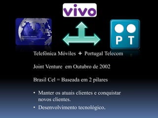 Telefônica Móviles Portugal Telecom
Joint Venture em Outubro de 2002
Brasil Cel = Baseada em 2 pilares
• Manter os atuais clientes e conquistar
novos clientes.
• Desenvolvimento tecnológico.
 