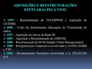 AQUISIÇÕES E REESTRUTURAÇÕES
EFETUADAS PELA VIVO
 1999 – Reestruturação da TELESPPAR e Aquisição da
CETERB;
 2000 – Cisão de determinadas Operações de Transmissão de
dados;
 1997 – Aquisição de Ativos de Rede IP;
 2004 – Aquisição e Reestruturação da ATRIUM;
 2006 – Reestruturação do SCM (Supply Chain Managemente);
 2008 – Reorganização Corporativa envolvendo a AJATO, DARB
e TTP;
 2009 – Reestruturação Societária envolvendo a A. TELECOM
S/A.
 