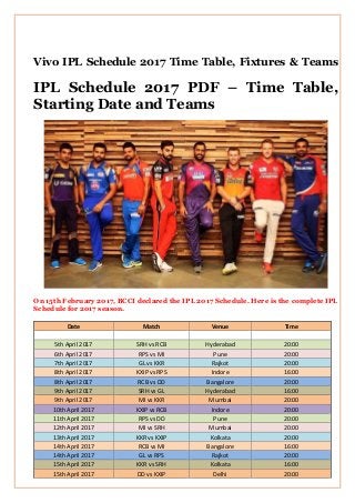 Vivo IPL Schedule 2017 Time Table, Fixtures & Teams
IPL Schedule 2017 PDF – Time Table,
Starting Date and Teams
On 15th February 2017, BCCI declared the IPL 2017 Schedule. Here is the complete IPL
Schedule for 2017 season.
Date Match Venue Time
5th April 2017 SRH vs RCB Hyderabad 20:00
6th April 2017 RPS vs MI Pune 20:00
7th April 2017 GL vs KKR Rajkot 20:00
8th April 2017 KXIP vs RPS Indore 16:00
8th April 2017 RCB vs DD Bangalore 20:00
9th April 2017 SRH vs GL Hyderabad 16:00
9th April 2017 MI vs KKR Mumbai 20:00
10th April 2017 KXIP vs RCB Indore 20:00
11th April 2017 RPS vs DD Pune 20:00
12th April 2017 MI vs SRH Mumbai 20:00
13th April 2017 KKR vs KXIP Kolkata 20:00
14th April 2017 RCB vs MI Bangalore 16:00
14th April 2017 GL vs RPS Rajkot 20:00
15th April 2017 KKR vs SRH Kolkata 16:00
15th April 2017 DD vs KXIP Delhi 20:00
 