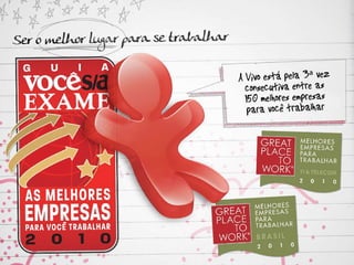 Ser o melhor lugar para se trabalhar As melhores empresas para você trabalhar – Guia Você S/A Exame A Vivo está pela 3ª vez consecutiva entre as 150 melhores empresas para você trabalhar 