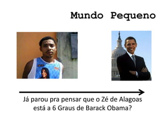 Mundo Pequeno




Já parou pra pensar que o Zé de Alagoas
    está a 6 Graus de Barack Obama?
 