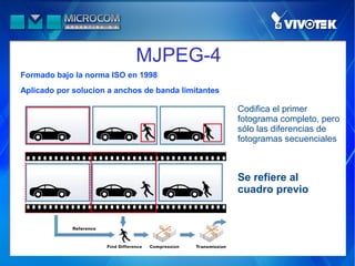 MJPEG-4
Formado bajo la norma ISO en 1998
Aplicado por solucion a anchos de banda limitantes

                                                     Codifica el primer
                                                     fotograma completo, pero
                                                     sólo las diferencias de
                                                     fotogramas secuenciales



                                                     Se refiere al
                                                     cuadro previo
 