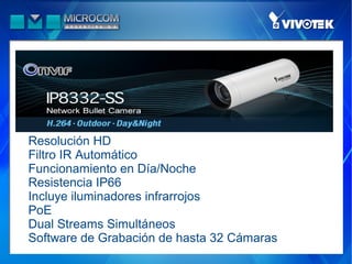 Resolución HD
Filtro IR Automático
Funcionamiento en Día/Noche
Resistencia IP66
Incluye iluminadores infrarrojos
PoE
Dual Streams Simultáneos
Software de Grabación de hasta 32 Cámaras
 