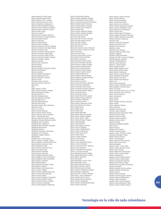 Maira Alejandra Olaya Rojas          María Cecilia Arias Moreno           María Teresa Lopera Chaves
Maira Elena Mendivil Pérez           María Claudia Satizabal Villegas     María Teresa Narváez
Maira Martínez H/P. Fontibon         María Consolación Fetecua Ríos       María Teresa Rodríguez
Mairon Andrés Mancera Pinto          María Consuelo Reyes de Rodríguez    María Torcoroma Ovalle
Manuel Alejandro Velásquez O         María Cristina Gaona Palacios        María Victoria Cruz Herrera
Manuel Alfredo Medellín Bustos       María Cristina Moreno Huertas        María Victoria Rodríguez Hurtado
Manuel Antonio Melende Andrade       María Cristina Pisco Velandía        María Victoria Rodríguez Prieto
Manuel Antonio Ramírez Yantén        María Cristina Roa                   María Yalile Usa Colmenares
Manuel Arias López                   María Cristina Taquinas Dagua        María Yaneth Caro
Manuel C.Isaza.P                     María Cristina Vargas Vanegas        María Yaneth Saez Rodríguez
Manuel Darío Escobar Ramírez         María del Carmen Cortés              María Yolanda Rodríguez Herrera
Manuel Eduardo Fuentes Becerra       María del Pilar Benito               María Yudalbi Vasquez Echavarria
Manuel Eduardo Martín                María Del Pilar Gómez Carvajal       Maríalín Romero Espinosa
Manuel Espinosa                      María del Pilar Isaacs García        Maríana Ortiz
Manuel F Neira Rojas                 María del Pilar Pineda               Maríana Sarmiento Argüello
Manuel Felipe Guaguau                María Del Pilar Zamudio              Maribel Camacho Ortiz
Manuel Fernando García Camargo       María Del Socorro                    Maribel Rivera Aguirre
Manuel Fernando González Reyes       María del Socorro López Echeverri    Maribel Urrutia
Manuel Fernando Rios                 María Del Socorro Ramírez Girald     Maricela Arias Álvarez
Manuel Fernando Urbano Bolívar       María Dilia Díaz                     Maricela Sánchez Benavides
Manuel Fernando Vega Rojas           María E Rivera Díaz                  Mariela Salgado
Manuel Francisco Olarte Torres       María Edd Hernández Orozco           Mariela Cortés Avendaño
Manuel Francisco Sotelo Carabali     María Elena Florez Noriega           Mariela del Pilar Carmona Delgado
Manuel González Zapata               María Elena Villamarín               Mariela Higuita Jaramillo
Manuel Guzmán                        María Elisa Bermudez Ochoa           Mariella Pareja Miranda
Manuel José Cárdenas                 María Elisa González Méndez          Marina Llanos Montoya
Manuel Molina                        María Elisenia Vargas Zuluaga        Marina Y. Sáenz Blanco
Manuel Mulett                        María Emelina Linares Sierra         Marino Mejía Giraldo
Manuel Osvaldo Cifuentes Tamayo      María Emma Osorio Barrios            Mario Alberto Molina Sierra
Manuel Prado Mejía                   María Eugenia Arango Alzate          Mario Alberto Peña Prada
Manuel Quistial                      María Eugenia García Galvis          Mario Alberto Rodríguez
Manuel Roberto Manotas G             María Eugenia Méndez P.              Mario Alcides Lozano Reyes
Manuel Salamanca Ortiz               María Eugenia Páez Buitrago          Mario Alexander Rodríguez
Manuel Salvador Collazos             María Eugenia Zuluaga Escobar        Mario Álvarez Chavarro
Manuel Torres                        María Eulalia Arteta                 Mario Andrés Atra Márquez
Manuela Otaya Rosero                 María Faride Guerrero                Mario Cruz
Manuela Ramírez Ramírez              María Fernanda Alarcón Méndez        Mario Duque Monsalve
Manyoma                              María Fernanda Castañeda             Mario Enrique Villalobos Osorio
Mao                                  María Fernanda Daza García           Mario Esteban Ocampo Rozo
Mapi Galindo Cortés                  María Fernanda Hurtado Caycedo       Mario Fernando
Mara Jimena Dussan Obregon           María Fernanda Plazas Tejada         Mario Fernando Gómez De La Rosa
Marcela Barbosa Virguez              María Fernanda Sierra                Mario Fernando Ruiz Ramírez
Marcela Barrero A                    María Fernanda Vargas                Mario Gómez Moreno
Marcela Buitrago Berrío              María Gisela Ramírez Cadavid         Mario Hernández
Marcela Martínez Andrade             María Gladys Amaya Martínez          Mario Herrán
Marcela Martínez D                   María González Villamizar            Mario Hoyos
Marcela Rojas Narváez                María Helena Jaramillo               Mario Osvaldo Ramírez Rendón
Marcela Zea Florez                   María Helena Rodríguez Peña          Mario Pareja
Marcelo Andrés DÁvila Medrano        María Inés Ramos de López            Mario Restrepo Beltran
Marchena Polo                        María Isabel Cobo                    Mario Valencia
Marco A. Chico R.                    María Isabel Devia                   Marisely Carvajal Cicua
Marco Antonio Bedoya                 María Isabel Díaz                    Marisol López Casallas
Marco Antonio Daza Gómez             María Isabel Marchant                Maritza Andrea Hernandez Peña
Marco Horacio Garcìa Castaño         María Isabel Sánchez Vargas          Maritza Arrieta Herazo
Marco Tulio Montes Ruiz              María Islena Villada Calderón        Maritza Carolina Tellez
Marcya Yalile Hernández Parada       María Janet Osorio Trujillo          Maritza Duque <Naranjo
Margarita Cristian Esteban Alarcón   María Jirlena Álvarez Pulgarin       Maritza Gómez Beron
Margarita Díaz Gutiérrez             María José Bastidas                  Maritza Pineda
Margarita Ma. Angarita G.            María José Sánchez                   Mariyenis Regalado Badillo
Margarita María Gómez Jaramillo      María José Vargas Jiménez            Mark Painnt
Margarita María Mora                 María Leonor Delgado                 Marko Ramius
Margarita Riascos                    María Liliana Cortés Beltrán         Marlene Del Carmen
Margarita Rodríguez Rodríguez        María Liliana Falla Erazo            Marleny Suesca Reyes
Margarita Torres Novoa               María Liseth Guzmán M                Marley Liliana Ramírez Cantor
Margarita Vargas Pallares            María López Pérez                    Marleyby Galindez Trujillo
Margaritatic                         María Lourdes Callejas               Marlin Marmol Gómez
Margeris de La Hoz Alonso            María Lucia Franco                   Marlon José Atuesta
María Amparo Posada Gallón           María Lucia Quintero                 Marly Jhoana Pinzón Álvarez
María Adelaida Luna Buenaventura     María Lucila Cárdenas Espitia        Marly Rocio Pérez Silva
María Admeris Quintero Ferro         María Lucila Fernández               Marrugo Batista
María Alejandra Flórez               María Lucrecia Romero Valencia       Marta Cecilia Silva Prieto
María Amparo Sánchez Ariza           María Luisa Cárdenas                 Marta Cecilia Sánchez Duran
María Ana Delia Parra                María Luisa Martínez Ibarguen        Marta Cecilia Varela
María Andrea Izquierdo               María Luz Álvarez Arayjo             Marta Isabel Roa Hernaández
María Andrea Izquierdo               María Margarita García Vargas        Marta Liliana Cuellar Abello
María Angélica Agudelo Pabón         María Marley Mosquera Lozano         Martha Castellanos
María Angélica Enciso Rodríguez      María Martín Meneses                 Martha Cecilia Cortés Alfonso
María Angélica Peña Hernández        María Mercedes                       Martha Cecilia Cortés Rojas
María Angulo Fontecha                María Mercedes Corcho Caro           Martha Concepción Martínez
María Antonia Barón                  María Mercedes Florez                Martha Elena Duque Rojas
María Bárbara González López         María Nelly Martínez García          Martha Elena Hurtado Hernández
María Barrios Villalba               María Nelly Sánchez García           Martha Elizabeth
María Bibiana Silva Sepulveda        María Patricia Asmar Amador          Martha Eugenia García Jaimes
María Camila Padilla                 María Patricia Piedrahíta Villegas   Martha Fabiola Vera Bolívar
María Camila Jaramillo Moncada       María Restrepo Velásquez             Martha García
María Camila Peña Narváez            María Romelia Alvares Ascanio        Martha Helena Arango
María Camila Pineda                  María Rosa Joya Castiblanco          Martha Ines Rodríguez Galindo
María Camila Restrepo Fernández      María Soraya Serna Torres            Martha Johanna Maldonado
María Camila Schafer Gómez           María Teresa Alarcón Méndez          Martha Judith González
María Carolina Álvarez Gallego       María Teresa Castañeda               Martha Lilián Cortés Quintero
María Carolina Hernández             María Teresa Castañeda Montalvo      Martha Liliana Barrantes Plata      101
María Cecilia Agudelo Velásquez      María Teresa Espinosa                Martha Liliana Cortés Oliveros
 