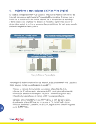 6.		 Objetivos y aspiraciones del Plan Vive Digital
     El objetivo principal del Plan Vive Digital es impulsar la masificación del uso de
     Internet, para dar un salto hacia la Prosperidad Democrática. Creemos que a
     través de la masificación del uso de Internet, de la apropiación de tecnología
     y de la creación de empleos TIC directos e indirectos, lograremos reducir el
     desempleo, reducir la pobreza, aumentar la competitividad del país y dar un salto
     hacia la Prosperidad Democrática.



               Multiplicar por 4 veces el número                               Triplicar el número de Municipios Conectados a la Autopista
                   de conexiones a Internet                                          de la Información a través de Redes de Fibra óptica

                                            8,8
                                            8,8
                                                                                                                             ~700



                                                                                             X3.5
                           X4

                          2,2
        Móvil (3G/4G)     0,8
        Fijo (>1 MB)      1,4
                        2010 1T                   Meta 2014
                                                                                               2010                         2014
                        Millones de conexiones a Internet
                                                                                                    Municipios con fibra óptica

                                                   Alcanzar 50% de Hogares y
                                                 MIPYMEs conectados a Internet
                                                                   50 %                         50 %


                                                  X2

                                                  27 %                           X7



                                                                                 7%


                                             Hogares 2010     Hogares 2014   MIPYMEs 2010   MIPYMEs 2014



                                              Figura 15. Metas del Plan Vive Digital.
                                                Figura 15. Metas del Plan Vive Digital




     Para lograr la masificación del uso de Internet, el equipo del Plan Vive Digital ha
     fijado algunas metas concretas para el año 2014:

     •	 Triplicar el número de municipios conectados a la autopista de la
        información. En el momento, alrededor de 200 municipios del país están
        conectados a la red de fibra óptica nacional. Queremos expandir esta
        infraestructura para llegar al menos a 700 municipios del país.

     •	 Conectar a Internet al 50% de las MIPYMES y al 50% de los hogares.
        Actualmente, sólo el 27% de los hogares y el 7% de MiPyMEs tienen
        conexión a Internet. Queremos, en el 2014, llegar al 50% tanto de hogares
        como de MiPyMEs.
20
 