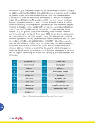internacional, que aumenta los costos de los proveedores nacionales. Aunque
     no podemos cambiar los hábitos de los colombianos, sí podemos tomar medidas
     de ingeniería para aliviar el transporte internacional. Esto se puede lograr
     a través de las redes de distribución de contenido, o CDN por sus siglas en
     inglés (Content Distribution Networks). Las CDN proveen réplicas locales de
     los grandes generadores de contenido mundial. Estas réplicas se actualizan
     automáticamente y son transparentes para el usuario final. De hecho, la gran
     mayoría de nosotros hemos usado CDN sin saberlo, pues estas redes llegan
     a servir más del 30% del contenido de Internet. El problema actual es que
     estas CDN y las grandes compañías de hosting internacionales no tienen
     una presencia fuerte en el país. Traer estas CDN y a las grandes compañías
     de hosting al territorio nacional, reducirá costos de tráfico internacional para
     nuestros operadores locales. Estimularemos a estas compañías de CDN , para
     que instalen servidores de réplicas locales en los NAP Colombianos y a las
     grandes compañías de hosting, para que instalen o lleguen a los data centers
     nacionales. Esto no sólo disminuirá los costos de transporte internacional,
     sino que además mejorará la experiencia del usuario colombiano, pues su
     contenido estará a unos pocos milisegundos de donde se encuentra, haciendo
     que las páginas se descarguen mucho más rápido y que la respuesta sea más
     inmediata.


          1             google.com.co               11                conduit.com

          2             facebook.com                12               eltiempo.com

          3                live.com                 13                 twitter.com

          4             youtube.com                 14           mercadolibre.com.co

          5              google.com                 15                 google.es

          6              yahoo.com                  16              wordpress.com

          7               msn.com                   17               microsoft.com

          8             wikipedia.org               18          grupobancolombia.com

          9               taringa.net               19             elespectador.com

          10             blogger.com


                 Figura 17. 17. Sitios Web más visitados en Colombia (Fuente: Alexa).
                     Figura
                            Websites más visitados en Colombia (Fuente: Alexa)




32
 
