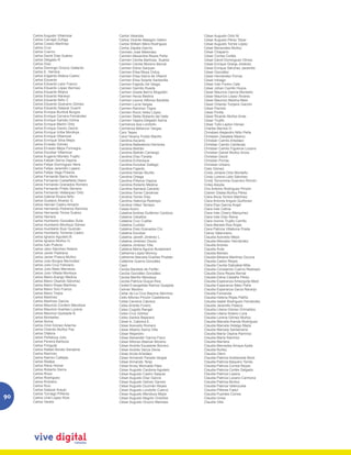 Carlos Augusto Villamizar          Carlos Velandia                     César Augusto Ortiz M
     Carlos Carvajal Zuñiga             Carlos Vicente Malagón Valero       César Augusto Pérez Tobar
     Carlos Cossio Martínez             Carlos William Mera Rodríguez       César Augusto Torres López
     Carlos Cruz                        Carlos Zapata García                César Benavides Muñoz
     Carlos Cuervo                      Carmelo José Mélendez               César Chaparro
     Carlos David Díaz Suárez           Carmen Alexandra Reyes Peña         César Correa Cortés
     Carlos Delgado R                   Carmen Cecilia Barbosa Suárez       César David Dominguez Olmos
     Carlos Díaz                        Carmen Cecilia Moreno Bernal        César Enrique Granja Jiménez
     Carlos Domingo Orozco Gallardo     Carmen Elena Sanjuan                César Enrique Sánchez Jaramillo
     Carlos E. Herrera                  Carmen Elisa Moya Orduy             César González
     Carlos Edgardo Aldana Castro       Carmen Elisa Sierra de Villamil     César Hernández Porras
     Carlos Eduardo                     Carmen Elisa Solarte Santanilla     César Intriago
     Carlos Eduardo León Franco         Carmen Fajardo De Vesga             César Iván Forero Cala
     Carlos Eduardo López Bermeo        Carmen Garrido Rueda                César Johan Carrillo Hoyos
     Carlos Eduardo Mojica              Carmen Gisela Berrío Mogollón       César Mauricio García Montaño
     Carlos Eduardo Naranjo             Carmen Hevia Medina                 César Mauricio López Álvarez
     Carlos Eduardo Niño C              Carmen Leonor Alfonso Bautista      César Mauricio Medina Melo
     Carlos Eduardo Quecano Gómez       Carmen Lucía Vargas                 César Orlando Tunjano Garzón
     Carlos Eduardo Salazar Guarín      Carmen Ramírez Trigos               César Pachón
     Carlos Enrique Buriticá Burgos     Carmen Rocio Velez López            César Pinilla
     Carlos Enrique Cervera Fernández   Carmen Stella Roberto del Valle     César Ricardo Muñoz Arias
     Carlos Enrique Garcés Ochoa        Carmen Yajaira Delgado Sarria       César Trujillo
     Carlos Enrique Martín Ortiz        Carmenza Aza Londoño                César Tulio Layton Henao
     Carlos Enrique Osorio Osorio       Carmenza Betancur Vargas            Charles Barrios H.
     Carlos Enrique Uribe Montoya       Caro Tepes                          Christiam Alejandro Niño Peña
     Carlos Enrique Villamizar          Carol Yexeny Pulido Mariño          Christiam Zabaleta Mesino
     Carlos Enrrique Silva Mejía        Carolina Ascanio                    Christian Camilo Arbeláez
     Carlos Ernesto Gómez               Carolina Ballesteros Herrerea       Christian Camilo Cárdenas
     Carlos Ernesto Mejía Fonnegra      Carolina Beltrán                    Christian Camilo Figueroa Lozano
     Carlos Escobar Villamizar          Carolina Beltrán Camargo            Christian Daniel Muñoz Arcos
     Carlos Eugenio Montes Trujillo     Carolina Díaz Farieta               Christian David
     Carlos Fabián Serna Ospina         Carolina Echenique                  Christian Porras
     Carlos Felipe Domínguez Illera     Carolina Escobar Gallego            Christian Urbano
     Carlos Felipe Jaramillo Lopera     Carolina Fajardo                    Cielo Gómez
     Carlos Felipe Vega Polania         Carolina Henao Murillo              Cindy Johana Ortiz Montaño
     Carlos Fernando Barco Mora         Carolina Ortega                     Cindy Lorena Lobo Sánchez
     Carlos Fernando Castañeda Olano    Carolina Piñeros Ospina             Cindy Torcoroma Guerrero Rincón
     Carlos Fernando Granados Romero    Carolina Roberto Medina             Cirley Aleyda
     Carlos Fernando Prieto Serrano     Carolina Samacá Caicedo             Ciro Antonio Rodríguez Pinzón
     Carlos Fernando Velásquez Ortiz    Carolina Torres Cárdenas            Clairen Gisela Muñoz Pérez
     Carlos Gabriel Rivera Niño         Carolina Torres Díaz                Clara Alicia Torrers Martínez
     Carlos Gustavo Álvarez G.          Carolina Valencia Restrepo          Clara Antonia Angulo Quiñonez
     Carlos Hernán Castro Almario       Carolina Vélez Tamayo               Clara Elsa García Angel
     Carlos Hernando Pedreros Ramírez   Casas Acero                         Clara Inés Cetina
     Carlos Hernando Torres Suárez      Catalina Andrea Gutiérrez Cardozo   Clara Inés Charry Marquinez
     Carlos Herrera                     Catalina Ceballos                   Clara Inés Díaz Reina
     Carlos Humberto González Ávila     Catalina Cruz Cuéllar               Clara Ivonne Trujillo Carrillo
     Carlos Humberto Montoya Gómez      Catalina Curtidor                   Clara Mariela Roa Rojas
     Carlos Humberto Ruiz Guzmán        Catalina Díaz-Granados Crc          Clara Patricia Villabona Prada
     Carlos Humberto Torrente Castro    Catalina Escobar                    Claros Valenciano
     Carlos Ignacio Agudelo B.          Catalina Janeth Jiménez L           Claudia Acevedo Mejía
     Carlos Ignacio Muñoz G.            Catalina Jiménez Osorio             Claudia Afanador Hernández
     Carlos Iván Pulecio                Catalina Jiménez Villa              Claudia Andrea
     Carlos Jairo Sánchez Aldana        Catalina María Aguirre Bustamant    Claudia Ávila
     Carlos Javier Pastrana             Catherine López Monroy              Claudia Berbeo
     Carlos Javier Prasca Muñoz         Catherine Marcela Dueñas Pirabán    Claudia Bibiana Martínez Ducura
     Carlos Julio Burgos Bermúdez       Catterine Guerra González           Claudia Castro Reyes
     Carlos Julio Cruz Feliciano        Cayo                                Claudia Cecilia Satizabal Milla
     Carlos Julio Nieto Mendoza         Cecilia Bautista de Farfán          Claudia Constanza Cuervo Restrepo
     Carlos Julio Villada Montoya       Cecilia González González           Claudia Dora Reyes Bernal
     Carlos Mario Arango Medina         Cecilia Meriño Mendoza              Claudia Elena Castaño Pérez
     Carlos Mario Obando Sánchez        Cecilia Patricia Duque Rios         Claudia Esperanza Amezquita Medi
     Carlos Mario Rojas Martínez        Cediel Evangelista Ramos Quejada    Claudia Esperanza Báez Peña
     Carlos Mario Toro Franco           Ceimer Moreno                       Claudia Esperanza Garza Naranjo
     Carlos Mario Trejos                Celiar de La Cruz Bayona Sánchez    Claudia Fernanda
     Carlos Martínez                    Celio Alfonso Pinzón Castellanos    Claudia Helena Rojas Patiño
     Carlos Martínez García             Cellia Carolina Cabrera             Claudia Isabel Rodríguez Fernández
     Carlos Mauricio Cordero Mendoza    Celso Andrés Forero                 Claudia Jaramillo Palacio
     Carlos Mauricio Huertas Lucena     Celso Cogollo Rangel                Claudia Liliana Gómez Grimaldos
     Carlos Mauricio Quesada B.         Celso Cruz Gómez                    Claudia Liliana Solano Luna
     Carlos Montañez                    Celso Santos Bejarano               Claudia Lorena Gómez Muñoz
     Carlos Numa                        César A. Cabrera E.                 Claudia Marcela Aranda Rodríguez
     Carlos Oriol Gómez Adarme          César Acevedo Romero                Claudia Marcela Hidalgo Mejía
     Carlos Orlando Muñoz Paz           César Alberto Sarria Villa          Claudia Marcela Santamaría
     Carlos Otálora                     César Alejandro                     Claudia María Ospina Ramírez
     Carlos Peñaloza Julio              César Alexander García Fisco        Claudia María Ramírez
     Carlos Pereira Barboza             César Alfonso Altamar Moreno        Claudia Maríana
     Carlos Pongutá                     César Andrés Escalante Borrero      Claudia Mercedes Amaya Ayala
     Carlos Rafael Norato Sanabria      César Andrés Vacca Devia            Claudia Nuñez
     Carlos Ramírez                     César Arcila Arbeláez               Claudia Otero
     Carlos Ramiro Callejas             César Armando Parada Vargas         Claudia Patricia Avellaneda More
     Carlos Realpe                      César Armando Tenjo                 Claudia Patricia Baquero Torres
     Carlos Riera Homar                 César Arvey Moncada Páez            Claudia Patricia Correa Reyes
     Carlos Roberto Sierra              César Augusto Cardona Agudelo       Claudia Patricia Cortés Delgado
     Carlos Roca                        César Augusto Castro Salazar        Claudia Patricia Lopera
     Carlos Rodríguez                   César Augusto Díaz García           Claudia Patricia Lozano Carmona
     Carlos Rubiano                     César Augusto Gelvez Garces         Claudia Patricia Muñoz
     Carlos Ruiz                        César Augusto Guzmán Reyes          Claudia Patricia Valenzuela
     Carlos Salazar Araujo              César Augusto Londoño Cuervo        Claudia Piñeres Fadul
     Carlos Turriago Piñeros            César Augusto Mendoza Mejía         Claudia Puentes Correa
90   Carlos Uriel López Ríos            César Augusto Negrón Ordoñez        Claudia Urrea
     Carlos Varela                      César Augusto Orozco Manotas        Claudia Villa
 