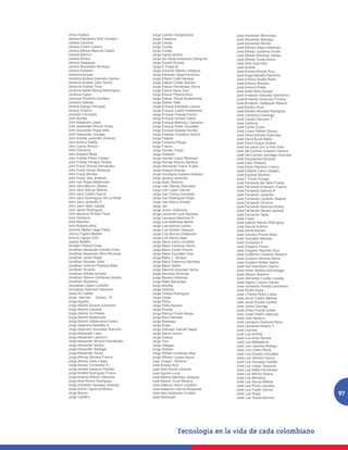 Johan Suárez                       Jorge Cantillo Vengoechea          José Alexander Bermudez
Johana Alexandra Ortiz Quintero    Jorge Chaparro                     José Alexander Buitrago
Johana Carolina                    Jorge Clavijo                      José Alexander Murillo
Johana Linare Capera               Jorge Correa                       José Alfonso Sáenz Martínez
Johana Milena Mayoral Castro       Jorge Cortés                       José Alfredo Gutiérrez Durán
Johana Moreno                      Jorge Daniel Muñoz                 José Alfredo Martínez Valdes
Johana Rivera                      Jorge De Jesús Solorzano Dangond   José Alfredo Torres Bravo
Johana Sastoque                    Jorge Duarte Álvarez               José Alirio Sua Díaz
Johann Alexander Montoya           Jorge E Prada M                    José Andrés
Johann Esteban                     Jorge Eduardo Mariño Indaburu      José Andrés Rincón Ruiz
Johanna Amaya                      Jorge Eduardo Olaya Perdomo        José Angel Barreto Palomino
Johanna Andrea Guerrero Santos     Jorge Eliécer Calle Naranjo        José Antonio Alzate Riaño
Johanna Andrea León Torres         Jorge Eliécer Cortés Barrera       José Antonio Molares
Johanna Andrea Tovar               Jorge Eliecer Hernéndez Sierra     José Antonio Prada
Johanna Isabel Molina Bohorquez    Jorge Eliécer Neira Toro           José Arbid Miño Dorado
Johanna López                      Jorge Eliecer Piñeros Ruiz         José Armando Acevedo Sarmiento
Johanna Pimiento Quintero          Jorge Eliécer Toloza Bustamante    José Armando Guarnizo Primero
Johanna Salinas                    Jorge Eliécer Valle                José Armando Velásquez Molano
Johany Arango Hincapié             Jorge Enrique Arboleda Lozano      José Barrero Ruiz
Johany Chacon                      Jorge Enrique Castro Avellaneda    José Bersilio Morales Rodríguez
Johanys Coronado                   Jorge Enrique Chaves Forero        José Camacho Camargo
John Acosta                        Jorge Enrique Gómez Pardo          José Camilo Daccach T
John Alejandro López               Jorge Enrique Martínez Camacho     José Cardona
John Alexander Rincón Pardo        Jorge Enrique Potes González       José Carlos Couto
John Alexander Rojas Niño          Jorge Enrique Salazar Bonilla      José Carlos Pelaez Godoy
John Alexander Zuluaga             Jorge Esteban Ceballos Gómez       José David Arévalo Espinosa
John Andrés Jaramillo Jimenez      Jorge Fajardo                      José David Ayubi Mejía
John Antony Patiño                 Jorge Fonseca Plazas               José David Duque Suárez
John Carlos Rincón                 Jorge Franco                       José De Jesús De La Hoz Díaz
John Chaverra                      Jorge Gómez Triana                 José del Carmen Cotamo Cotamo
John Edward Mejia                  Jorge Helberth                     José Del Carmen Santiago Guevara
John Freddy Pérez Campo            Jorge Hernán López Restrepo        José Deogracias Bautista
John Freddy Perlaza Giraldo        Jorge Hernán Muñoz Santana         José Edier Robledo
John Fredy Gómez Hernandez         Jorge Hernando Triana Trujillo     José Efraín Ramírez Franco
John Fredy Henao Montoya           Jorge Holguin Arenas               José Eriberto Cano Castaño
John Fredy Montes                  Jorge Humberto Cadena Arellano     José Escobar Romero
John Fredy Villa Jiménez           Jorge Ignacio Jaramillo            José F Florez Arango
John Ivar Rojas Maldonado          Jorge Isaac Romero                 José Fernando del Valle Puerta
John Jairo Blanco Tabaco           Jorge Iván Gómez Moncada           José Fernando Echeverri Cuervo
John Jairo Bolívar Beltrán         Jorge Ivan López García            José Fernando Galindo R
John Jairo Castro García           Jorge Iván Ochoa González          José Fernando Jaramillo
John Jairo Dominguez De La Rosa    Jorge Iván Rodríguez Rojas         José Fernando Londoño Salazar
John Jairo Jaramillo A             Jorge Ivan Sierra Giraldo          José Fernando Oliveros
John Jairo Velez Zapata            Jorge Jair                         José Fernando Ramírez Muñoz
John Jaiver Rodríguez              Jorge Junior Chamorro              José Fernando Revelo Jacome
John Mauricio Pinzón Pena          Jorge Leonardo Leon Bautista       José Fernando Tapia
John Perdomo                       Jorge Leonardo Martínez R.         José Fuster
John Ramírez                       Jorge Luis Ballestas Martin        José Gabriel Ramos Rodríguez
John Roberto Alba                  Jorge Luis Barrios Castro          José García Sobrino
Johnnie Walker Vega Pérez          Jorge Luis Gómez Vasquez           José Gentil Barreto
Johnny Espitia Beltran             Jorge Luis Murcia Cristancho       José Giovany Pinzón Baez
Johnny Vigoya Ortiz                Jorge Luis Sierra Vega             José González Naranjo
Jojanis Bolaño                     Jorge Mario Calvo Londoño          José Granados P.
Jonatan Pillaca Flores             Jorge Mario Cardona Osorio         José Gregorio Florez
Jonathan Alexander Arevalo Ariza   Jorge Mario Cortés Pinzón          José Gregorio Ramírez Ruiz
Jonathan Alexander Mina Montoya    Jorge Mario González Díaz          José Guillermo Calderon Navarro
Jonathan Javier Rojas              Jorge Mario J. Tamayo              José Gustavo Herrera Galvis
Jonathan Morales Vélez             Jorge Mario Paternina Martínez     José Gustavo Núñez Valero
Jonathan Orlando Pedraza Baez      Jorge Mario Tobón                  José Heli Sarmiento Ospino
Jonathan Ricardo                   Jorge Mauricio Escobar Sarria      José Heller Medina Artunduaga
Jonathan Robles Briceño            Jorge Montoya Nicholas             José Herazo Romero
Jonathan Steven Cárdenas Santos    Jorge Moreno Villarreal            José Hernando Cuellar Losada
Jonathan Supelano                  Jorge Nieto Barrientos             José Higinio Cuervo Gómez
Jonnathan López Londoño            Jorge Noreña                       José Humberto Pineda Lancheros
Jonnathan Ramírez Palomino         Jorge Orlando                      José Idrobo Daza
Joose M Castillo                   Jorge Oviedo Rodríguez             José J Pardo Pedro López
Jorge Hermán Gómez R               Jorge Oyola                        José Javier Castro Medina
Jorge Agustín                      Jorge Parra                        José Javier Rudas Cantillo
Jorge Alberto Álvarez Echeverri    Jorge Peña Moreno                  José Jimmy Quiroga
Jorge Alberto Caicedo              Jorge Pineda                       José Johan Puerta Zuleta
Jorge Alberto Gil Pelaez           Jorge Ramon Duran Navas            José Julián Patiño Valencia
Jorge Alberto Maldonado            Jorge Raul Paredes                 José León Navarro
Jorge Alberto Valderrama Forero    Jorge Restrepo                     José Leonardo Pedroza Pérez
Jorge Alejandro Astudillo G        Jorge Rubio                        José Leonardo Rosero T
Jorge Alejandro González Ramírez   Jorge Salvador Kamell Yaspe        José Lisanias
Jorge Alexander León               Jorge Sierra Quiroz                José Luis Archila
Jorge Alexander Llanos A.          Jorge Suárez                       José Luis Ariza Ramos
Jorge Alexander Moreno Hernández   Jorge Toro                         José Luis Ballesteros
Jorge Alexander Muñoz              Jorge Villegas                     José Luis Caceres Robayo
Jorge Alexander Sabogal            Jorge William                      José Luis Castro Nova
Jorge Alexander Torres             Jorge William Gutiérrez Rios       José Luis Dorado González
Jorge Alfonso Barrera Franco       Jorge Wilmar Lozano Ayure          José Luis Garnica Quiroz
Jorge Alfredo Gallo López          José Gregor Oliveros               José Luis Hincapié Cantillo
Jorge Alonso Fernández R           José Acosta Ruiz                   José Luis López Tarazona
Jorge Andrés Galarcio Periñan      José Adid Rocha Jiménez            José Luis Mafla Fernández
Jorge Andrés Rodríguez Forero      José Aguirre Luna                  José Luis Molina Solano
Jorge Antonio Blanco Velandia      José Alberto Martínez Vasquez      José Luis Montana
Jorge Ariel Rivera Rodríguez       José Alberto Tovar Moreno          José Luis Novoa Beltran
Jorge Armando Vanegas Jiménez      José Aldemar Marín Londoño         José Luis Pérez Lazcano
Jorge Arturo Figueroa Molina       José Alejandro García Rosquete     José Luis Puello García
Jorge Barros
Jorge Caldera
                                   José Alex Quiñones Hurtado
                                   José Alexander
                                                                      José Luis Rojas                    97
                                                                      José Luis Rueda Moreno
 