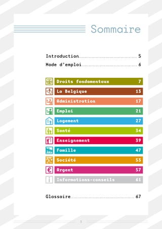 Sommaire

Introduction����������������������������������������� 5
Mode d’emploi��������������������������������������� 6


      Droits fondamentaux                              7

      La Belgique                                    13

      Administration                                 17

      Emploi                                         21

      Logement                                       27

      Santé                                          34

      Enseignement                                   39

      Famille                                        47

      Société                                        53

      Argent                                         57

      Informations-conseils                          61


Glossaire��������������������������������������������� 67




                    3
 