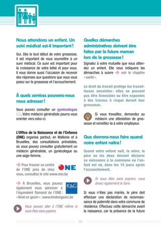 Nous attendons un enfant. Un                      Quelles démarches
suivi médical est-il important ?                  administratives doivent être
Oui. Dès le tout début de votre grossesse,
                                                  faites par la future maman
il est important de vous soumettre à un           lors de la grossesse ?
suivi médical. Ce suivi est important pour        Signalez à votre mutuelle que vous atten-
la croissance de votre bébé et pour vous.         dez un enfant. Elle vous indiquera les
Il vous donne aussi l’occasion de recevoir        démarches à suivre       voir le chapitre
des réponses aux questions que vous vous          « santé ».
posez sur la grossesse et l’accouchement.
                                                  Le droit du travail protège les travail­
                                                  leuses enceintes  elles ne peuvent
                                                                     :
À quels services pouvons-nous                     pas être licenciées ou être exposées
nous adresser ?                                   à des travaux à risque durant leur
                                                  grossesse.
Vous pouvez consulter un gynécologue
. Votre médecin généraliste pourra vous                  Si vous travaillez, demandez au
orienter vers celui-ci.                                   médecin une attestation de gros-
                                                  sesse et remettez-la à votre employeur.

L’Office de la Naissance et de l’Enfance
(ONE) organise partout, en Wallonie et à          Que devrons-nous faire quand
Bruxelles, des consultations prénatales,          notre enfant naîtra ?
où vous pouvez consulter gratuitement un
médecin généraliste, un gynécologue ou            Quand votre enfant naît, la mère, le
une sage-femme.                                   père ou les deux doivent déclarer
                                                  sa naissance à la commune où l’en­
   Pour trouver un centre                         fant est né, dans les 15 jours après
de l’ONE près de chez                             l’accouchement.
vous, consultez le site www.one.be
                                                         Si vous êtes sans papiers, vous
     À Bruxelles, vous pouvez                            devez également le faire.
également vous adresser à
l’équi­alent flamand de l’ONE 
      v                        :                  Si vous n’êtes pas mariés, le père doit
« Kind en gezin » : www.kindengezin.be            effectuer une déclaration de reconnais-
                                                  sance de paternité dans votre commune de
     Vous pouvez aller à l’ONE même si            résidence. Effectuez cette démarche avant
     vous êtes sans papiers.                      la naissance, car la présence de la future

                                             50
 