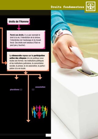 Droits fondamentaux



des droits de l’Homme et du citoyen.



      Parmi ces droits, il y a par exemple le
      droit à la vie, l’interdiction de la torture,
      l’interdiction de l’esclavage et du travail
      forcé. Ces droits sont absolus (l’Etat ne
      peut pas y toucher).



     La démocratie repose sur la participation
     active des citoyens à la vie publique sous
     toutes ses formes : les institutions politiques
     et les institutions judiciaires, la concertation
     sociale, la presse, la vie associative, la partici-
     pation à la vie locale.




     La Belgique est                 Chacun a le droit
     une démocratie                  de s’engager dans
     fondée sur le                   une association
     pluralisme .                    pour tenter ainsi
                                     de faire évoluer
     Le pluralisme, ce
                                     la société, aider
     n’est pas seulement
                                     ses concitoyens
     des opinions et des
                                     ou influencer les
     croyances qui vivent
                                     décisions politiques.
     les unes à côté des
     autres. C’est aussi
     un dialogue, des
     débats entre ces
     opinions et ces
     croyances.



     Les citoyens ont le droit de faire grève, de
     manifester, de signer une pétition.


                                                             9
 