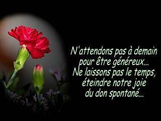 N'attendons pas à demain pour être généreux... Ne laissons pas le temps, éteindre notre joie du don spontané... 