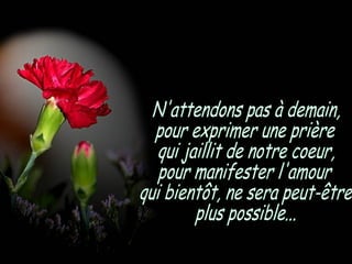 N'attendons pas à demain, pour exprimer une prière qui jaillit de notre coeur, pour manifester l'amour qui bientôt, ne sera peut-être  plus possible... 