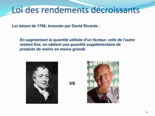 Loi des rendements décroissants
Loi datant de 1768, énoncée par David Ricardo :
En augmentant la quantité utilisée d’un facteur, celle de l’autre
restant fixe, on obtient une quantité supplémentaire de
produits de moins en moins grande

VS

4

 