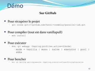 Démo
Sur GitHub

 Pour récupérer le projet
 git clone git://github.com/henri-tremblay/parallel-lab.git

 Pour compiler (tout est dans vanillapull)
 mvn install

 Pour exécuter
 mvn –pl webapp –Dspring.profiles.active=${mode}

• mode = vanilla | mono | naive | executor | pool |
akka

 Pour bencher


mvn –pl gatling gatling:execute -Dgatling.simulationClass=PricingSimulation

42

 