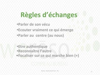 Règles d’échanges
Wereso - Nord Consult Team - IFIC
17
•Parler de son vécu
•Ecouter vraiment ce qui émerge
•Parler au centre (au nous)
•Etre authentique
•Reconnaître l’autre
•Focaliser sur ce qui marche bien (+)
 