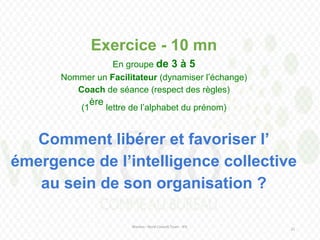 Wereso - Nord Consult Team - IFIC
21
Exercice - 10 mn
En groupe de 3 à 5
Nommer un Facilitateur (dynamiser l’échange)
Coach de séance (respect des règles)
(1
ère
lettre de l’alphabet du prénom)
Comment libérer et favoriser l’
émergence de l’intelligence collective
au sein de son organisation ?
 
