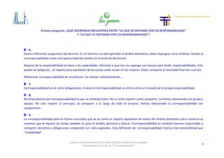 Primera pregunta: ¿QUÉ DIFERENCIA ENCUENTRAS ENTRE “LO QUE SE ENTIENDE POR CO-RESPONSABILIDAD”
Y “LO QUE YO ENTIENDO POR CO-RESPONSABILIDAD”?
15
Cosecha de Conocimiento del VI World Café de Euskadi para la Igualdad
-Innovando en Concepto de “Corresponsabilidad”-
6.
Existen diferentes acepciones del término. Es un término no sólo aplicable al ámbito doméstico, debe impregnar otros ámbitos. Vemos la
corresponsabilidad como una oportunidad de cambio en la toma de decisiones.
Reparto de la responsabilidad en base a las capacidades. Atención a que eso no suponga una excusa para eludir responsabilidades. Esto
puede ser peligroso,…el reparto poco equitativo de las tareas suele recaer en las mujeres. Clave: compartir el resultado final sea cual sea.
Diferenciar corresponsabilidad de conciliación. Se utilizan indistintamente,…
7.
Corresponsabilidad se ve como obligaciones. A veces la Corresponsabilidad se utiliza como un traslado de tu propia responsabilidad.
8.
No entendíamos por corresponsabilidad lo que se entiende fuera. No es tanto repartir como compartir. La hemos relacionado con grupo y
equipo. No sólo repartir al principio, es compartir a lo largo de todo el proceso. Hemos relacionado la corresponsabilidad con
compromiso.
9.
La corresponsabilidad externa hemos concluido que se ve como un reparto equitativo de tareas del ámbito doméstico pero nosotros-as
creemos que el reparto de tareas también es para el ámbito personal y laboral. Corresponsabilidad es también hacerse responsable y
compartir derechos y obligaciones rompiendo con roles asignados. Esta definición de corresponsabilidad implica más sostenibilidad que
“medibilidad”.
 