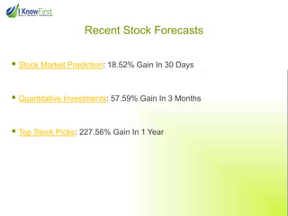 Recent Stock Forecasts
 Stock Market Prediction: 18.52% Gain In 1-Month
 Quantitative Investments: 57.59% Gain In 3 Months
 Top Stock Picks: 227.56% Gain In 1 Year
 