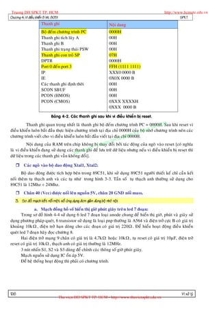 Truong DH SPKT TP. HCM                                                                           http://www.hcmute.edu.vn
Chöông 4: Vi ñieàu khieån 8 bit 8051                                                                       SPKT
                       Thanh ghi                                          Noäi dung
                       Boä ñeám chöông trình PC                           0000H
                       Thanh ghi tích luõy A                              00H
                       Thanh ghi B                                        00H
                       Thanh ghi traïng thaùi PSW                         00H
                       Thanh ghi con troû SP                              07H
                       DPTR                                               0000H
                       Port 0 ñeá n port 3                                FFH (1111 1111)
                       IP                                                 XXX0 0000 B
                       IE                                                 0X0X 0000 B
                       Caùc thanh ghi ñònh thôøi                          00H
                       SCON SBUF                                          00H
                       PCON (HMOS)                                        00H
                       PCON (CMOS)                                        0XXX XXXXH
                                                                          0XXX 0000 B

                              Baûng 4-2. Caùc thanh ghi sau khi vi ñieàu khieå n bò reset.

           Thanh ghi quan troïng nhaát laø thanh ghi boä ñeám chöông trình PC = 0000H. M khi reset vi
                                                                                           P. HC
                                                                                                 Sau
                                                                                      at T
                                                                                     unhôù chöông trình neân caùc
                                                                                y th
ñieàu khieån luoân baét ñaàu thöïc hieän chöông trình taïi ñòa chæ 0000H cuûa boä
                                                                           am K
chöông trình vieát cho vi ñieàu khieå n luoân baét ñaàu vieát taïi ñòa u ph0000H.
                                                                       chæ
                                                                DH S
           Noäi dung cuûa RAM treân chip khoâ ng bò thay g i bôûi taùc ñoäng cuûa ngoõ vaøo reset [coù nghóa
                                                        ruon ñoå
                                                  n©T
                                             q ye
laø vi ñieàu khieån ñang söû duïng caùc thanhughi ñeå löu tröõ döõ lieäu nhöng neáu vi ñieàu khieån bò reset thì
                                         Ban
döõ lieäu trong caùc thanh ghi vaãn khoâng ñoåi].

    Caùc ngoõ vaøo boä dao ñoäng Xtal1, Xtal2:
       Boä dao ñoäng ñöôïc tích hôïp beân trong 89C51, khi söû duïng 89C51 ngöôøi thieát keá chæ caàn keát
noái theâm tuï thaïch anh vaø caùc tuï nhö trong hình 3-3. Taàn soá tuï thaïch anh thöôøng söû duïng cho
89C51 laø 12Mhz ÷ 24Mhz.
    Chaân 40 (Vcc) ñöôïc noái leân nguoàn 5V, chaâ n 20 GND noái mass.
   3. Sô ñoà maïch keát noái moät soá öùng duïng ñôn giaû n duø ng boä nhôù noäi:
                a. Maïch ñoàng hoà soá hieån thò giôø phuùt giaây treâ n led 7 ñoaïn:
       Trong sô ñoà hình 4-4 söû duïng 6 led 7 ñoaïn loaïi anode chung ñeå hieån thò giôø, phuùt vaø giaây söû
duïng phöông phaùp queùt, 6 transistor söû duïng laø loaïi pnp thöôøng laø A564 vaø ñieän trôû cöïc B coù giaù trò
khoaûng 10k  , ñieän trôû haïn doøng cho caùc ñoaïn coù giaù trò 220 . Ñeå hieåu hoaït ñoäng ñieàu khieån
queùt led 7 ñoaïn haõy ñoïc chöông 8.
       Hai ñieän trôû maïng 9 chaân coù giaù trò laø 4,7k  hoaëc 10k , tuï reset coù giaù trò 10µF, ñieän trôû
reset coù giaù trò 10k  , thaïch anh coù giaù trò thöôøng laø 12MHz.
       3 nuùt nhaán S1, S2 vaø S3 duøng ñeå chænh caùc thoâng soá giôø phuùt giaây.
       Maïch nguoàn söû duïng IC oån aùp 5V.
       Ñeå heä thoá ng hoaït ñoäng thì phaûi coù chöông trình.




126                                                                                                        Vi xöû lyù
                                       Thu vien DH SPKT TP. HCM - http://www.thuvienspkt.edu.vn
 