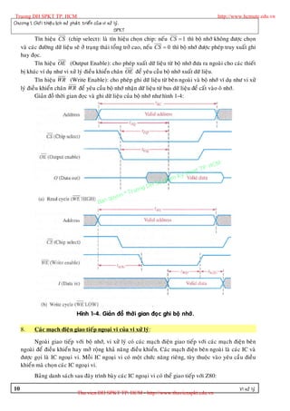 Truong DH SPKT TP. HCM                                                                                          http://www.hcmute.edu.vn
Chöông 1. Giôù i thieä u lòch söû phaù t trieå n cuû a vi xöû lyù .
                                                              SPKT
            Tín hieäu CS (chip select): laø tín hieäu choïn chip: neáu CS  1 thì boä nhôù khoâng ñöôïc choïn
     vaø caùc ñöôøng döõ lieäu seõ ôû traïng thaùi toång trôû cao, neáu CS  0 thì boä nhôù ñöôïc pheùp truy xuaát ghi
     hay ñoïc.
            Tín hieäu OE (Output Enable): cho pheùp xuaát döõ lieäu töø boä nhôù ñöa ra ngoaøi cho caùc thieát
     bò khaùc ví duï nhö vi xöû lyù ñieàu khieån chaân OE ñeå yeâu caàu boä nhôù xuaát döõ lieäu.
            Tín hieäu WR (Write Enable): cho pheùp ghi döõ lieäu töø beân ngoaøi vaø boä nhôù ví duï nhö vi xöû
     lyù ñieàu khieån chaân WR ñeå yeâu caàu boä nhôù nhaän döõ lieäu töø bus döõ lieäu ñeå caát vaøo oâ nhôù.
            Giaûn ñoà thôøi gian ñoïc vaø ghi döõ lieäu cuûa boä nhôù nhö hình 1-4:




                                                                                                         P.   HCM
                                                                                                   uat T
                                                                                              Ky th
                                                                                         pham
                                                                                gDH Su
                                                                      ©T   ruon
                                                         uyen
                                                   B an q




                                      Hình 1-4. Giaûn ñoà thôøi gian ñoïc ghi boä nhôù.

     8.     Caùc maïch ñieän giao tieáp ngoaïi vi cuûa vi xöû lyù:

           Ngoaøi giao tieáp vôùi boä nhôù, vi xöû lyù coù caùc maïch ñieän giao tieáp vôùi caùc maïch ñieän beân
     ngoaøi ñeå ñieàu khieån hay môû roäng khaû naêng ñieàu khieån. Caùc maïch ñieän beân ngoaøi laø caùc IC vaø
     ñöôïc goïi laø IC ngoaïi vi. Moãi IC ngoaïi vi coù moät chöùc naêng rieâng, tuøy thuoäc vaøo yeâu caàu ñieàu
     khieån maø choïn caùc IC ngoaïi vi.
            Baûng danh saùch sau ñaây trình baøy caùc IC ngoaïi vi coù theå giao tieáp vôùi Z80:

10                                                                                                                       Vi xöû lyù
                                      Thu vien DH SPKT TP. HCM - http://www.thuvienspkt.edu.vn
 
