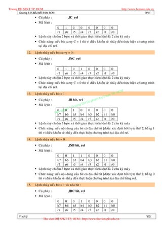 Truong DH SPKT TP. HCM                                                                          http://www.hcmute.edu.vn
        Chöông 4: Vi ñieàu khieån 8 bit 8051                                                                     SPKT
                          Cuù phaùp :                JC rel
                          Maõ leänh :
                                          0     1    0       0     0      0      0       0
                                          r7    r6 r5        r4    r3 r2         r1      r0
                          Leänh naøy chieám 2 byte vaø thôøi gian thöïc hieän leänh laø 2 chu kyø maùy
                          Chöùc naêng: neáu bit carry C = 1 thì vi ñieàu khieån seõ nhaûy ñeán thöïc hieän chöông trình
                           taïi ñòa chæ rel.

                   12.   Leänh nhaûy neáu bit carry = 0 :
                          Cuù phaùp :                JNC rel
                          Maõ leänh :
                                          0     1    0       1     0      0      0       0
                                          r7    r6 r5        r4    r3 r2         r1      r0
                          Leänh naøy chieám 2 byte vaø thôøi gian thöïc hieän leänh laø 2 chu kyø maùy
                          Chöùc naêng: neáu bit carry C = 0 thì vi ñieàu khieån seõ nhaûy ñeán thöïc hieän chöông trình
                            taïi ñòa chæ rel.
                                                                                             HCM
                   13.   Leänh nhaûy neáu bit = 1 :                                      TP.
                                                                                   huat
                                                                             Ky t
                          Cuù phaùp :              JB bit, rel      pham
                                                                H Su
                                                           ng D
                                                      Truo
                          Maõ leänh :
                                                  e ©
                                             0 uy0 n 1
                                            an q
                                                             0     0      0      0       0
                                          B
                                             b7 b6 b5 b4 b3 b2 b1 b0
                                             r7   r6 r5      r4    r3 r2         r1      r0
                          Leänh naøy chieám 3 byte vaø thôøi gian thöïc hieän leänh laø 2 chu kyø maùy
                          Chöùc naêng: neáu noäi dung cuûa bit coù ñòa chæ bit [ñöôïc xaùc ñònh bôûi byte thöù 2] baèng 1
                           thì vi ñieàu khieån seõ nhaûy ñeá n thöïc hieän chöông trình taïi ñòa chæ rel.

                   14.   Leänh nhaûy neáu bit = 0 :
                          Cuù phaùp :                JNB bit, rel
                          Maõ leänh :
                                          0     0    1       1     0      0      0       0
                                          b7 b6 b5 b4 b3 b2 b1 b0
                                          r7    r6 r5        r4    r3 r2         r1      r0
                          Leänh naøy chieám 3 byte vaø thôøi gian thöïc hieän leänh laø 2 chu kyø maùy
                          Chöùc naêng: neáu noäi dung cuûa bit coù ñòa chæ bit [ñöôïc xaùc ñònh bôûi byte thöù 2] baèng 0
                           thì vi ñieàu khieån seõ nhaûy ñeá n thöïc hieän chöông trình taïi ñòa chæ baèng rel.

                   15.   Leänh nhaûy neáu bit = 1 vaø xoùa bit :
                          Cuù phaùp :                JBC bit, rel
                          Maõ leänh :
                                               0    0    0      1    0     0     0     0
                                               b7   b6   b5     b4   b3    b2    b1    b0
                                               r7   r6   r5     r4   r3    r2    r1    r0
          Vi xöû lyù                                                                                               165
                                 Thu vien DH SPKT TP. HCM - http://www.thuvienspkt.edu.vn
 