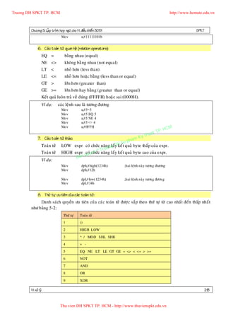 Truong DH SPKT TP. HCM                                                                             http://www.hcmute.edu.vn



        Chöông 5: LaÄp trình hôïp ngöõ cho Vi ñieàu khieå n 8051                                                 SPKT
                                Mov            a,#11111101b


              6. Caù c toaùn töû quan heä (relatio n operators):
                 EQ =             baèng nhau (equal)
                 NE <>            khoâng baèng nhau (not equal)
                 LT     <         nhoû hôn (less than)
                 LE     <=        nhoû hôn hoaëc baèng (less than or equal)
                 GT >             lôùn hôn (greater than)
                 GE >=            lôùn hôn hay baèn g (greater than or equal)
                 Keát quaû luoân traû veà ñuùng (FFFFH) hoaëc sai (0000H).
                 Ví duï:     caù c leänh sau laø töông ñöông
                                Mov            a,#5=5
                                Mov            a,#5 EQ 5
                                Mov            a,#5 NE 4
                                Mov            a,#5 <> 4
                                                                                               HCM
                                Mov            a,#0FFH
                                                                                          P.
                                                                                    uat T
                                                                             y th
              7. Caù c toaùn töû khaù c:
                                                                      h am K
                                                                 Su p
                 Toaùn töû      LOW expr coù chöù c naêng laáDH quaû byte thaáp cuûa expr.
                                                          g  y keát
                                                     ruon
                                               n ©cT ng laáy keát quaû byte cao cuûa expr.
                                          qu e
                 Toaùn töû      HIGH expr coùychöù naê
                                      Ban
                 Ví duï:
                                Mov            dph,#high(1234h)     ;hai leänh naøy töông ñtöông
                                Mov            dph,#12h

                                Mov            dpl,#low(1234h)      ;hai leänh naøy töông ñöông
                                Mov            dpl,#34h


              8. Thöù töï öu tieâ n cuû a caùc toaù n töû:
             Danh saùch quyeàn öu tieân cuû a caùc toaùn töû ñöôï c saép theo thöù töï töø cao nhaá t ñeán thaáp nhaát
        nhö baûng 5-2:
                                 Thöù töï     Toaùn töû
                                 1            ()

                                 2            HIGH LOW
                                 3            * / MOD SHL SHR
                                 4            + -
                                 5            EQ NE LT LE GT GE = <> < <= > >=
                                 6            NOT
                                 7            AND
                                 8            OR

                                 9            XOR

        Vi xöû lyù                                                                                                      213


                               Thu vien DH SPKT TP. HCM - http://www.thuvienspkt.edu.vn
 