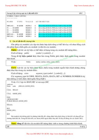 Truong DH SPKT TP. HCM                                                                                                  http://www.hcmute.edu.vn



 Chöông 5: LaÄp trình hôï p ngöõ cho Vi ñieàu khieån 8051                                                                    SPKT
 SYMBOL TABLE LISTING
 ------ ----- -------

 NA ME             T YP E          VALUE               AT T R I B U T ES

 DBFLAG . . B ADDR                 0020H.2         A        ;bit coù ñòa chæ bit laø 02H cuûa oâ nhôù coù ñòa chæ 20H
 F1 . . . . B ADDR                 0026H.0         A        ;bit coù ñòa chæ bit laø 30H cuûa oâ nhôù coù ñòa chæ 26H
 F2 . . . . B ADDR                 0026H.1         A        ;bit coù ñòa chæ bit laø 31H cuûa oâ nhôù coù ñòa chæ 26H
 F3 . . . . B ADDR                 0026H.3         A        ;bit coù ñòa chæ bit laø 32H cuûa oâ nhôù coù ñòa chæ 26H
 KBFLAG . . B ADDR                 0020H.0         A        ;bit coù ñòa chæ bit laø 00H cuûa oâ nhôù coù ñòa chæ 20H
 PBFLAG . .     B ADDR             0020H.1         A        ;bit coù ñòa chæ bit laø 01H cuûa oâ nhôù coù ñòa chæ 20H


       5. Caù c chæ daã n li eân keát chöông trình:
      Cho pheù p caùc module (caù c taäp tin) ñöôï c hôïp dòch rieân g coù theå lieâ n laï c vôù i nhau baèng caù ch
 cho pheùp tham chieáu giöõ a caùc module vaø ñaët teâ n caù c module.
         Public: Lieä t keâ caùc kyù hieäu coù theå ñöôï c söû duïng trong caùc module ñoái töôïng khaù c.
         Caù ch söû duïn g: public                     symbol [,symbol][,..]
       Trong ñoù kyù hieäu symbol ñöôïc khai baùo trong Public phaûi ñöôï c ñònh nghóa M
                                                                                              P. HC
                                                                                                    trong module
                                                                                        uat T
                                                                                   y th
 hieän haø nh.
                                                                              am K
       Ví duï:                                                          u ph
                                                                 DH S
                             Public       inchar, outchar, inline, outstr, extern
                                                               g
                                                        ruon
                                                e n©T
                                            c y
       Extrn: Lieä t keâ caùc kyù hieäu ñöôïqutham chieá u trong module nguoàn hieä n haønh nhöng chuùng
                                       Ban
 ñöôïc khai baùo trong caùc module khaùc.
         Caù ch söû duïn g: extrn                      segment_type(symbol [,symbol][,..])
       Caù c segment_type laø CODE, XDATA, DATA, IDATA, BIT vaø NUMBER (NUMBER laø kyù
 hieäu khoân g coù kieåu ñöôïc ñònh nghóa baèn g EQU).
         Ví duï: Coù 2 taäp tin MAIN.SRC vaø message.SRC
 ;main.src
 Extrn code        (HELLO, GOOD_BYE)
 …
 CALL HELLO
 …
 CALL GOOD_BYE
 …
 END
 ;MESSAGE.SRC
 PUBLIC HELLO, GOOD_BYE
 …
 HELLO;
 …
 RET
 GOOD_BYE;
 …
 RET
        Hai module treân khoâng phaûi laø chöông trình ñaày ñuû: chuùng ñöôïc bieân dòch rieâng vaø lieân keát vôùi nhau ñeå taïo
 chöông trình khaû thi. Trong khi lieân keát, caùc tham chieáu ngoaøi ñöôïc thay theá vôùi ñòa chæ ñuùng cho caùc leänh CALL.


         Name: duøng ñeå ñaët teâ n cuûa module ñoá i töôï ng ñöôï c sinh ra trong chöông trình hieän haønh.
 218                                                                                                                          Vi xöû lyù


                                    Thu vien DH SPKT TP. HCM - http://www.thuvienspkt.edu.vn
 