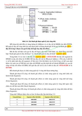 Truong DH SPKT TP. HCM                                                                                  http://www.hcmute.edu.vn
 Chöông 3: Caáu truùc vi xöû lyù 8086/8088.                                                                     SPKT




                                  Hình 3-4. Caùc thanh ghi ñoaï n quaûn lyù caùc vuøng nhôù.

        Moãi ñoaïn boä nhôù ñeàu coù dung löôï ng laø 64Kbyte vaø coù ñòa chæ töø 0000H cho ñeán FFFFH.
 Ñeå quaûn lyù ñòa chæ vuøng nhôù cuûa moät ñoaïn phaûi söû duïng thanh ghi 16 bit goïi .laø CM ghi offset –
                                                                                       P H
                                                                                             thanh
 ñòa chæ trong 1 ñoaïn coøn goïi laø ñòa chæ logic hay ñòa chæ offset. y th      uat T
                                                                       am K
        Khi ñoù ñòa chæ thaät (coøn goïi laø ñòa chæ logic) cuûa Su pthoâ nhôù ñöôïc xaùc ñònh baèng caùch keát
                                                                 moä
                                                             DH
 hôïp “thanh ghi quaûn lyù ñòa chæ ñoaïn” vaø “thanh ong quaûn lyù ñòa chæ leänh” segment:offset.
                                                      ru ghi
                                                n©T
                                           quye segment:offset = 0FE6:012Bh thì ñòa chæ segment laø
        Trong hình 3-4 coù cho ví Banñòa chæ
                                      duï
 0FE6H vaø ñòa chæ offset laø 012BH. Ñeå tìm ñòa chæ vaät lyù (Physical Address = PA) cuûa oâ nhôù thì
 vi xöû lyù phaûi dòch ñòa chæ segment veà beân traùi 4 bit (bit theâm vaøo laø bit 0) hay coù theå xem nhö
 theâm vaøo moät con soá 0H beân traùi (ñòa chæ 0FE6H sau khi dòch thì trôû thaønh 0FE60H )vaø sau ñoù
 coäng vôùi ñòa chæ offset (012BH), keát quaû ñòa chæ vaät lyù cuûa oâ nhôù coù ñòa chæ 0FE6:012Bh seõ laø
 0FF8Bh.
        Boán thanh ghi ñoaïn coù chöùc naêng quaûn lyù 4 vuøng nhôù ñoaïn töông öù ng:
        Thanh ghi ñoaïn CS cuøng vôùi thanh ghi offset coù chöùc naêng quaûn lyù vuøng nhôù chöùa maõ
 leänh (Code Segment).
       Thanh ghi ñoaïn ES cuøng vôùi thanh ghi offset coù chöùc naêng quaûn lyù vuøng nhôù môû roäng
 (Extra Segment).
        Thanh ghi ñoaïn SS cuøn g vôùi thanh ghi offset coù chöùc naêng quaûn lyù vuøng nhôù ngaên xeáp
 chöùa caùc döõ lieäu taïm thôøi (Stack Segment).
      Thanh ghi ñoaïn DS cuøng vôùi thanh ghi offset coù chöùc naêng quaûn lyù vuøng nhôù chöùa döõ lieäu
 (Data Segment).
        Vuøng nhôù 1Mbyte ñöôïc chia ra laøm 16 ñoaïn ñoäc laäp nhö baûng 3-2:
              Vuø ng nhôù ñoaïn          Segment: offset (baé t ñaàu)    Segment: offset (keát thuùc)

                      0                          0000:0000                       0000:FFFF

                      1                          1000:0000                       1000:FFFF

                      2                          2000:0000                       2000:FFFF


 84                                                                                                              Vi xöû lyù
                                  Thu vien DH SPKT TP. HCM - http://www.thuvienspkt.edu.vn
 