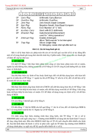 Truong DH SPKT TP. HCM                                                                              http://www.hcmute.edu.vn
 Chöông 3: Caáu truùc vi xöû lyù 8086/8088.                                                                    SPKT




                                          Hình 3-5. Caùc bit trong thanh ghi côø.

       Khi vi xöû lyù thöïc hieän caùc pheùp toaùn thì caên cöù vaøo keát quaû sau khi xöû lyù seõ taùc ñoäng ñeán
 moät soá côø trong thanh ghi traïng thaùi nhö ñaõ trình baøy ôû phaàn tröôùc. Chöùc naêng CM caùc thanh ghi
                                                                                             cuûa
                                                                                        P. H
                                                                                  uat T
                                                                             y th
 côø ñöôïc ñeà caäp laïi nhö sau:
                                                                        am K
       + Côø traøn CF:                                             u ph
                                                              DH S
                                                     p toaù g
       Côø nhôù CF baèng 1 khi thöïc hieän pheùTruonn coäng coù traøn hoaëc pheùp toaùn tröø coù möôïn,
                                                 n©
                                         möôïn e
 ngöôïc laïi neáu khoâ ng traøn , khoâng an quythì côø CF baèn g 0. Côø CF cuõng bò aûnh höôû ng bôûi caùc leänh
                                       B
 xoay vaø leänh dòch.
        + Côø chaún leû PF:
        Sau khi thöïc hieän caùc leänh soá hoïc hoaëc leänh logic ñoái vôùi döõ lieäu daïng byte: neáu byte keát
 quaû laø soá chaün thì côø PF baèng ‘1’ ngöôïc laïi thì côø PF baèng ‘0’ neá u laø soá leû, ñoái vôùi döõ lieäu xöû lyù
 laø word chæ xeùt caùc byte thaáp.
        + Côø nhôù phuï AF:
       Khi thöïc hieän leänh coäng hoaëc leänh tröø soá BCD: neáu döõ lieäu daïn g byte thì côø AF baèng 1 khi
 coäng hoaëc tröø 4 bit thaáp bò traøn hoaëc coù möôï n, neáu döõ lieäu daïng word thì côø AF baèng 1 khi coä ng
 hoaëc tröø byte thaáp bò traøn hoaëc coù möôïn. Côø AF ñöôïc söû duïng trong caùc leänh xöû lyù vôùi döõ lieäu
 daïng soá BCD.
        + Côø zero ZF:
        Côø zero baèng 1 khi keát quûa xöû lyù baèng 0.
        + Côø daáu SF:
        Côø daáu baèng ‘1’ khi bit MSB cuûa keát quaû baèng ‘1’ töùc laø soá aâm, ñoái vôùi leänh byte MSB laø
 bit 7 vaø trong leänh word laø bit 15. Ngöôïc laïi côø SF baèng 0.
        + Côø baãy TF:
        Coù chöùc naêng thöïc hieän chöông trình theo töø ng böôùc, khi TF baèng ‘1’ thì vi xöû lyù
 8086/8088 phaùt sinh ngaét cöùng loaïi 1. Chöông trình DEBUG söû duïng khi thi haønh leänh T (trace)
 ñeå chaïy töøng leänh moät. Ñaàu tieân DEBUG thieát laäp côø TF roài môùi chuyeån ñieàu khieån cho leänh
 ñoù. Sau khi leänh ñöôïc thi haønh vi xöû lyù seõ phaùt sinh ngaét do TF ñöôïc laäp chöông trình DEBUG
 söû duïng chính phuïc vuï ngaét naøy ñeå laáy quyeàn ñieà u khieån töø vi xöû lyù.
 86                                                                                                             Vi xöû lyù
                               Thu vien DH SPKT TP. HCM - http://www.thuvienspkt.edu.vn
 