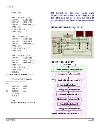 VI XU LY 2
CALL delay
MOVF MA_CHUC_1, 0
MOVWF
DATA_LED
MOVLW
LED_CHUC_1
MOVWF
CONTROL_LED
CALL delay
CLRF CONTROL_LED
CALL delay

6: Thiết kế đèn giao thông dùng
PIC16F877A điều khiển 4 Led 7 đoạn, 6 Led
đơn. Thời gian đèn đỏ 25 giây, đèn xanh 20
giây, đèn vàng 5 giây,Timer 1 và dùng ngôn ngữ
C
BÀI

THEO PHƢƠNG PHAP QUET LED

MOVF MA_DV_2, 0
MOVWF
DATA_LED
MOVLW
LED_DV_2
MOVWF
CONTROL_LED
CALL delay
CLRF CONTROL_LED
CALL delay
MOVF MA_CHUC_2, 0
MOVWF
DATA_LED
MOVLW
LED_CHUC_2
MOVWF
CONTROL_LED
CALL delay
CLRF CONTROL_LED
CALL delay
RETURN
;===KET THUC HIEN THI=======
;--------------------------------;
CHUONG TRINH DELAY
;--------------------------------delay
MOVLW
0xFF
MOVWF
dem
del
DECFSZ
dem
GOTO del
RETURN

CHƢƠNG TRÌNH CHÍNH

END
;=====KET THUC CHUONG TRINH=====

DUY TUONG

trang 18

 