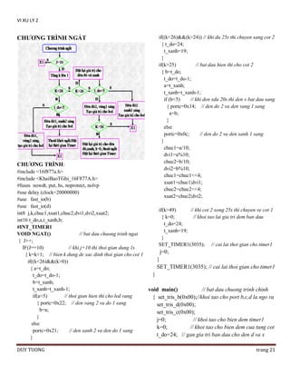 VI XU LY 2

CHƢƠNG TRÌNH NGẮT

CHƢƠNG TRÌNH:

if((k<26)&&(k>24)) // khi du 25s thi chuyen sang cot 2
{ t_do=24;
t_xanh=19;
}
if(k>25)
// bat dau hien thi cho cot 2
{ b=t_do;
t_do=t_do-1;
a=t_xanh;
t_xanh=t_xanh-1;
if (b<5)
// khi den xdu 20s thi den v bat dau sang
{ portc=0x14; // den do 2 va den vang 1 sang
a=b;
}
else
portc=0x0c;
// den do 2 va den xanh 1 sang
}
chuc1=a/10;
dvi1=a%10;
chuc2=b/10;
dvi2=b%10;
chuc1=chuc1<<4;
xuat1=chuc1|dvi1;
chuc2=chuc2<<4;
xuat2=chuc2|dvi2;

#include <16f877a.h>
#include <KhaiBaoTGhi_16F877A.h>
#fuses nowdt, put, hs, noprotect, nolvp
#use delay (clock=20000000)
#use fast_io(b)
#use fast_io(d)
if(k>49)
// khi cot 2 xong 25s thi chuyen ve cot 1
int8 j,k,chuc1,xuat1,chuc2,dvi1,dvi2,xuat2;
{ k=0;
// khoi tao lai gia tri dem ban dau
int16 t_do,a,t_xanh,b;
t_do=24;
#INT_TIMER1
t_xanh=19;
VOID NGAT()
// bat dau chuong trinh ngat
}
{ J++;
SET_TIMER1(3035); // cai lai thoi gian cho timer1
IF(J==10)
// khi j=10 thi thoi gian dung 1s
j=0;
{ k=k+1; // bien k dung de xac dinh thoi gian cho cot 1
}
if((k<26)&&(k>0))
SET_TIMER1(3035); // cai lai thoi gian cho timer1
{ a=t_do;
}
t_do=t_do-1;
b=t_xanh;
t_xanh=t_xanh-1;
void main()
// bat dau chuong trinh chinh
if(a<5)
// thoi gian hien thi cho led vang
{ set_tris_b(0x00);//khoi tao cho port b,c,d la ngo ra
{ portc=0x22; // den vang 2 va do 1 sang
set_tris_d(0x00);
b=a;
set_tris_c(0x00);
}
j=0;
// khoi tao cho bien dem timer1
else
k=0;
// khoi tao cho bien dem cua tung cot
portc=0x21;
// den xanh 2 va den do 1 sang
t_do=24; // gan gia tri ban dau cho den d va x
}
DUY TUONG

trang 21

 