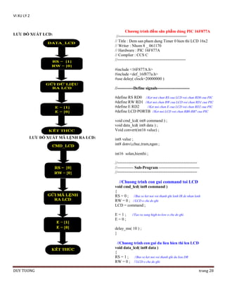 VI XU LY 2

LƢU ĐỒ XUẤT LCD:

Chƣơng trình đếm sản phẩm dùng PIC 16F877A
//==============================
// Title : Dem san pham dung Timer 0 hien thi LCD 16x2
// Writer : Nhom 8 _ 061170
// Hardware : PIC 16F877A
// Complier : CCS C
//==============================
#include <16F877A.h>
#include <def_16f877a.h>
#use delay( clock=20000000 )
//------------Define signals-----------------------#define RS RD0 //Ket noi chan RS cua LCD voi chan RD0 cua PIC
#define RW RD1 //Ket noi chan RW cua LCD voi chan RD1 cua PIC
#define E RD2
//Ket noi chan E cua LCD voi chan RD2 cua PIC
#define LCD PORTB //Ket noi LCD voi chan RB0-RB7 cua PIC
void cmd_lcd( int8 command ) ;
void data_lcd( int8 data ) ;
Void convert(int16 value) ;

LƢU ĐỒ XUẤT MÃ LỆNH RA LCD:

int8 value ;
int8 donvi,chuc,tram,ngan ;
int16 solan,hienthi ;
//===================================
//------------ Sub-Program -----------------------------//===================================

//Chuong trinh con gui command toi LCD
void cmd_lcd( int8 command )
{
RS = 0 ; //Bus se ket noi voi thanh ghi lenh IR de nhan lenh
RW = 0 ; //LCD o che do ghi
LCD = command ;
E=1;
E=0;

//Tao ra xung high-to-low o che do ghi

delay_ms( 10 ) ;
}
//Chuong trinh con gui du lieu hien thi len LCD
void data_lcd( int8 data )
{
RS = 1 ; //Bus se ket noi voi thanh ghi du lieu DR
RW = 0 ; //LCD o che do ghi
DUY TUONG

trang 28

 