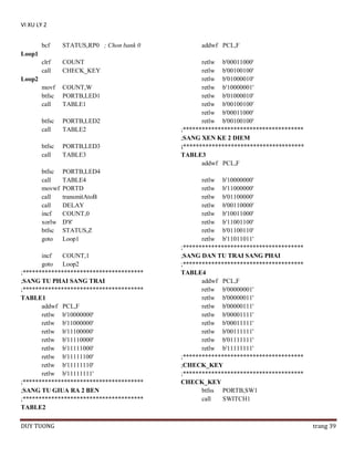 VI XU LY 2
bcf

STATUS,RP0 ; Chon bank 0

clrf
call

COUNT
CHECK_KEY

movf
btfsc
call

COUNT,W
PORTB,LED1
TABLE1

btfsc
call

PORTB,LED2
TABLE2

btfsc
call

PORTB,LED3
TABLE3

btfsc
call
movwf
call
call
incf
xorlw
btfsc
goto

PORTB,LED4
TABLE4
PORTD
transmitAtoB
DELAY
COUNT,0
D'8'
STATUS,Z
Loop1

addwf PCL,F

Loop1

Loop2

incf
COUNT,1
goto
Loop2
;**************************************
;SANG TU PHAI SANG TRAI
;**************************************
TABLE1
addwf PCL,F
retlw b'10000000'
retlw b'11000000'
retlw b'11100000'
retlw b'11110000'
retlw b'11111000'
retlw b'11111100'
retlw b'11111110'
retlw b'11111111'
;**************************************
;SANG TU GIUA RA 2 BEN
;**************************************
TABLE2
DUY TUONG

retlw b'00011000'
retlw b'00100100'
retlw b'01000010'
retlw b'10000001'
retlw b'01000010'
retlw b'00100100'
retlw b'00011000'
retlw b'00100100'
;**************************************
;SANG XEN KE 2 DIEM
;**************************************
TABLE3
addwf PCL,F
retlw b'10000000'
retlw b'11000000'
retlw b'01100000'
retlw b'00110000'
retlw b'10011000'
retlw b'11001100'
retlw b'01100110'
retlw b'11011011'
;**************************************
;SANG DAN TU TRAI SANG PHAI
;**************************************
TABLE4
addwf PCL,F
retlw b'00000001'
retlw b'00000011'
retlw b'00000111'
retlw b'00001111'
retlw b'00011111'
retlw b'00111111'
retlw b'01111111'
retlw b'11111111'
;**************************************
;CHECK_KEY
;**************************************
CHECK_KEY
btfss PORTB,SW1
call
SWITCH1

trang 39

 