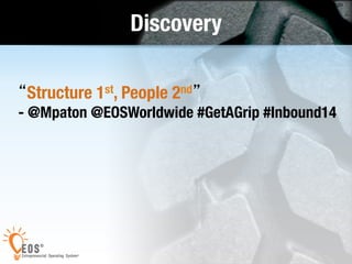 20 Discovery 
“Structure 1st, People 2nd” 
- @Mpaton @EOSWorldwide #GetAGrip #Inbound14 
 